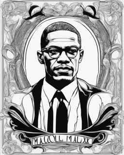 Outline art for coloring pages with MALCOLM X , white background, sketch style, only use black outline, white background, no shadows and well and clear outline , white background, sketch style, only use black outline, white background, no shadows and well and clear outline