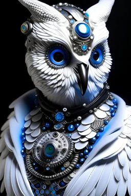 Beautiful white steampunk snow owl bird masqued lady portrait, extremely textured biomechanical shamanism ribbed costume jacket with miniature onix mineral stone like textured decadent goth metallic filigree white and silver dust colour gradient opal ribbed headress adorned with biomechanical shamanism silver and blue fbioluminescense agate and azurit ribbed headress wearing bioluminescense biomechanical floral embossed silver jewellry naeklace and costume organic bio spinal ribbed detail of bio