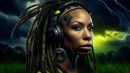 Retrato pictórico de mujer de 30 años con trenzas africanas, rostro cubierto por raíces que entran por los ojos, lleva auriculares futuristas de neón, estilo realismo mágico contemporáneo con simbolismo, fondo de fondo de cielo tormentoso con nubes oscuras