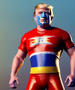 Realistic image of Donald trump wrestler, Mexican wrestling style, Mexican wrestling mask, chin and nose visibles, red and blue breeches, glow us flag dress, suspenders, retro style, 80s, vibrant color, highly detailed, sky background, concept art, unreal engine 5, god rays, ray tracing, RTX, lumen lighting, ultra detail, volumetric lighting, 3d, finely drawn, high definition, high resolution.