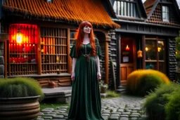 Full body shot of a tall slim pretty, red-headed young female witch, casting magical glowing symbols into the air, dressed in a long flowing green dress, standing in front of a row of cottages and shops with thatched roofs