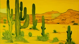 A yellow desert with cactuses in daylight painted by Piet Mondrian