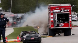 jimmy johns delivery vehicle crashed and on fire