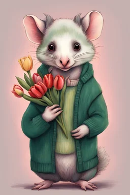 Green opossum wearing cardigan holding a bouquet of tulips cute art