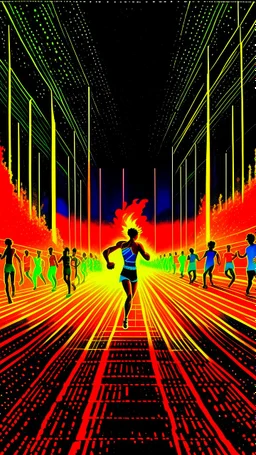 Track and field race at olympics, runners are made of colored lights, the track is made of dark fluids, in the background the crowd is burning, in the style of Alphonse mucha