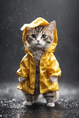 baby cat in raincoat. Chibi, Photograph, Canon DSLR, Tilt - shift, black background, high definition, Complete and coordinated composition, 8k