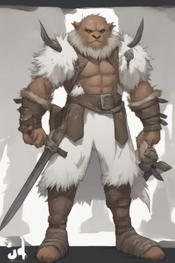 Dnd a young bugbear with WHITE fur and leather armor with swords