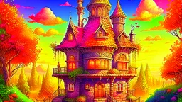 Fantasy style digital art: beautiful fairy tower in a middle of a small cute village, with many small houses