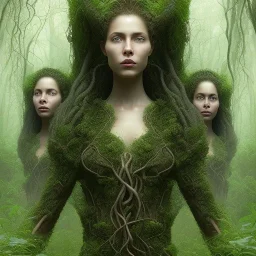 photo. .three women. A mother. Two daughter. Twins. A mother with her children. three young black women. wood nymphs emerging from the forest. Her hair looks like vines. Dreadlocs. Her skin is the colour of dark soil. Her skin looks like tree bark. Her clothing is made of vines, grass and leaves.