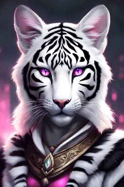 High-resolution digital painting of a female tabaxi with white fur and black tiger stripes, wavy angled silver and black side-parted lob hair, pink eyes, furry humanoid face, fantasy, detailed fur texture, professional, cool tones, atmospheric lighting, no armor, game-rpg style, detailed eyes, sleek design, full body artwork
