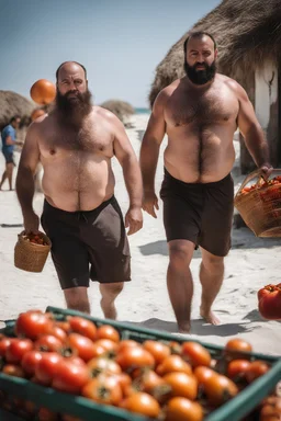 close up shot photography of two tired chubby muscular beefy hairy burly 39 years old ugly turkish carpenters, short beard, shaved hair, shirtless, manly chest, bulging white shorts, tired eyes, walking on the beach in the sun holding tomatoes baskets, big shoulders, side light, sweat and wet, ground view angle