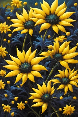 vibrant psychedelic oil painting image, airbrush, 64k, cartoon art image of background yellow and black dahia flowers, dystopian