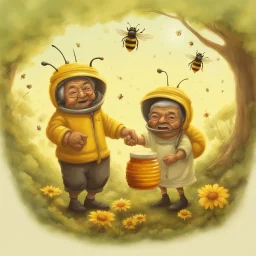 Happiness grandma and grandpa are healthy in a planet of honey stingless bee, realistic