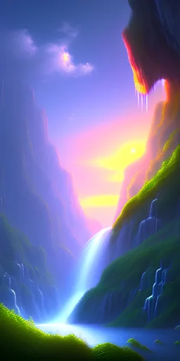 Neon waterfall, cliffs surrounding, lots of clouds