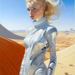 An oil painting of a futuristic girl from Dune's film in the style of Hajime Sorayama, in an Impressionist style, inside a light white digital desert landscape.