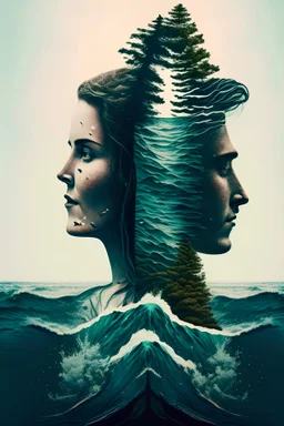 women and men with fir and ocean