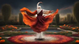 Hyper Realistic Sufi Whirling with Orange & Maroon painted cloth Islamic Sufi Rustic Grungy in a beautiful flower garden at dark night with water-fountain & starts on sky