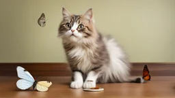 Funny cat on the table with one butterfly