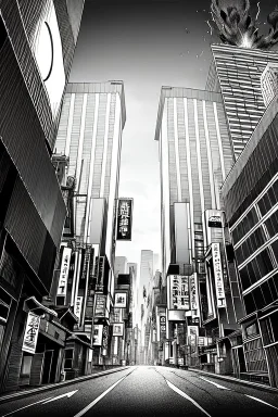 multiple explosions, buildings of Tokyo greyscale