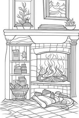 Cozy fireplace scene with stockings hung, clean line art, well outlined, white background, for kids coloring book.