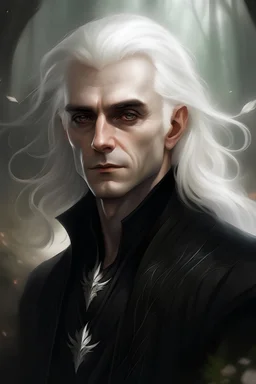 Portrait of a human man, shaggy white hair, dressed in black, pale,in a fantasy world