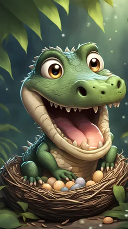 Kawaii, Cartoon, one Cute funny cry crocodile, eating its eggs in the nest and crying , Caricature, Realism, Beautiful, Delicate Shades, Lights, Intricate, CGI, Botanical Art, Animal Art, Art Decoration, Realism, 4K , Detailed drawing, Depth of field, Digital painting, Computer graphics, Raw photo, HDR