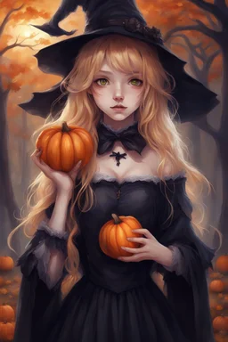 a girl in a witch costume holding a pumpkin, realistic cute girl painting, golden hair, cute anime girl portrait, gothic maiden anime girl, lovely dark autumn princess, school girl in gothic dress, beautiful necromancer girl, carlos ortega elizalde, kawaii realistic portrait, beautiful witch spooky female, portrait anime girl, anime girl wearing a black dress, beautiful female witch