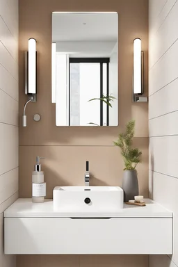 Create a modern and minimalistic bathroom featuring a luxurious wall-mounted automatic soap dispenser near a contemporary wash basin.