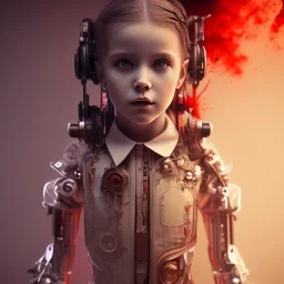 a little girl with a cyborg brain and a lot of red liquid, steam punk, scary, horror, realistic, made in octane, cinematic, ultra-realistic, extremely detailed octane rendering, 8K, VRAY Super Real ar 2:3, dof photorealistic futuristic 50mm lens hard lighting dark gray tintype photograph, realistic lighting, sephia colors