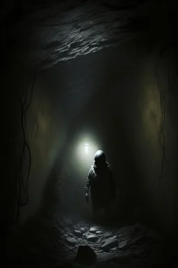 character in semi-darkness, on the scree cone of an underground room dimly lit by daylight coming from a well located forty meters above.