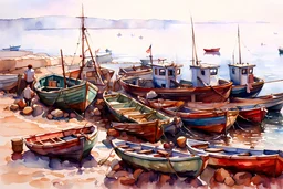 watercolor painting of fishing boats in shore , pen line sketch and watercolor painting ,Inspired by the works of Daniel F. Gerhartz, with a fine art aesthetic and a highly detailed, realistic stylev