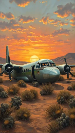 A 1950 commercial airplane with broken glass and doors in front of crashed in realistic desert with sand dunes and sunset in a forgotten battlefield over run by vegetation, cutesy tiktok detailed oil painting, grainy, old style