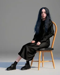 Billie Eilish, sitting on a chair, Black Short Dress, high detail, realistic