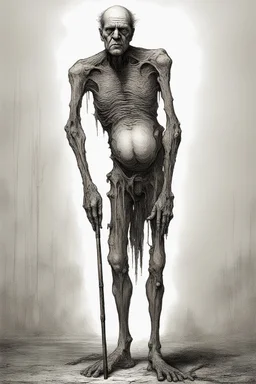 The full body of a fat old man , use the face in the picture , holding a cane , front view camera, decayed and rotting with grotesque proportions and imagery. surreal horror, biomechanical design, by hr giger and beksinski , fine lines draw