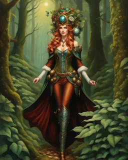 Cuerpo completo, Pintura steampunk de una Reyna elfo caminando en el bosque, coloreada, maximalista, calidad ultra, hiperdetallada, 12k