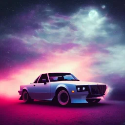 1980's aesthetic vaporwave sports car glowing in a dark field at night