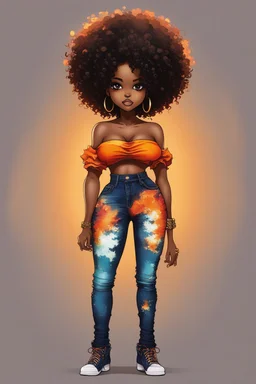 create a colorful abstract silhouette art image 8k of a chibi curvy black female wearing torn jeans pants and a orange tie dye off the shoulder blouse. Prominent make up with hazel eyes. Highly detailed long tight curly afro in a hair wrap.