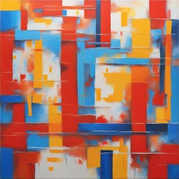 colorful abstract acrylic painting, red orange yellow background, masking tape technique blue rectangles