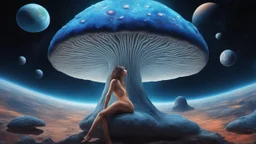 beautiful women sitting with no braa on a big blue mushroom in space, planets at the back ground, hyper realistic.