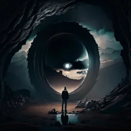 Amidst a surreal and dark-mood landscape, a lone man leans against an oversized keyhole, one of his eyes transformed into a keyhole, while a human eye peers out from within it. The scene is unsettling and bizarre, with an eerie ambiance that chills the soul. The dim, almost ethereal lighting casts deep shadows, accentuating the surreal and dark atmosphere. The composition plays with perspective and scale, amplifying the disconcerting effect. The photography style adds to the eerie nature of the