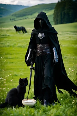 a full-length photograph of a [black-robed hooded Nazgul from the [Lord of the Rings] movies, articulated metal gauntlets] stands over a [small black kitten] which laps from a [small bowl of milk] on the ground, a [huge black warhorse, black saddle] in the background, depth of field, green meadow, mood ominous --style raw