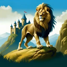 Full length illustration of a majestic lion standing at the foot of a hill on whose top there is a castle