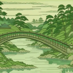 A pale green peaceful plain with a bridge painted by Utagawa Hiroshige