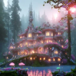 a magical flower yellow house in the woods, pink vertical, blue lake,sharp, vines, candlelit, endor, ornate, elegant, highly detailed, artstation, concept art, smooth, sharp focus, illustration, 8k, splash art, wallpaper, key visual