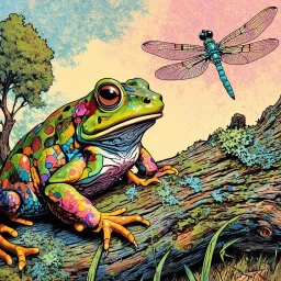 Create a digital pop art poster in the style of James Jean depicting a whimsical multicolored Toad sitting on a heavily textured fallen tree with rough bark and lichens and looking up at a dragon fly. Use a variety of pastel colors.