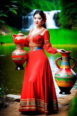 a woman in a red dress holding a vase, creative colorfull - makeup, with professional makeup, hand built ceramics, very very very beautiful face , nice country side with hills ,waterfall over a river with clear water,girls with perfect pretty face in folk costums and a jar, filling their jugs with water and some of them leaving while carring there jugs in there shouldes and 1beautiful girl with jug in shoulder in closeup , very nice mountains at distant, nice clouds in sky ,wide green field with