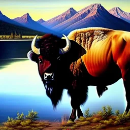 Drawing of 'American Bison',River,snow,Meadow,mountains,painting by Earl Norem, simon Bisley,frazetta,西嘛哒, evan lee, Vallejo,kelly oil on canvas, cinematic composition, extreme detail,fit full head inside picture,8k