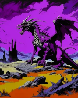 A purple wasteland with an undead wyvern painted by Andy Warhol