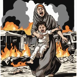 A Palestinian woman wearing the Palestinian dress carries her dead son as she screams and cries at night, with explosions in refugee tents behind her.