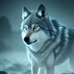 Wolf, blue, hyperrealism, masterpiece, expert, 8K, sharp focus, cinematic lighting, water, fire, blue, octane render